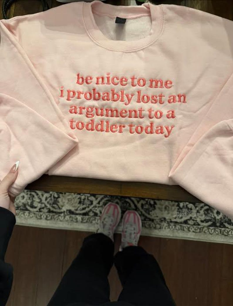 May include: A light pink sweatshirt with the embroidered text "be nice to me i probably lost an argument to a toddler today" in a coral color. The sweatshirt is on a dark wooden surface.