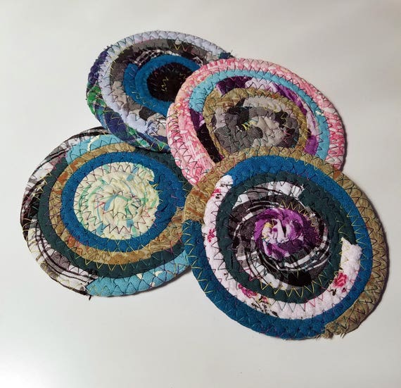 Handmade Fabric Coasters Multicolor Upcycled Set of 4 Cloth Bohemian Drinkware Coasters Colors Will Vary