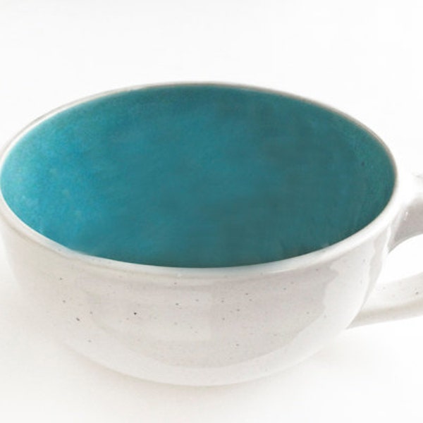 Coffee cup mug - oversized cappuccino mug ceramic in turquoise and white latte large