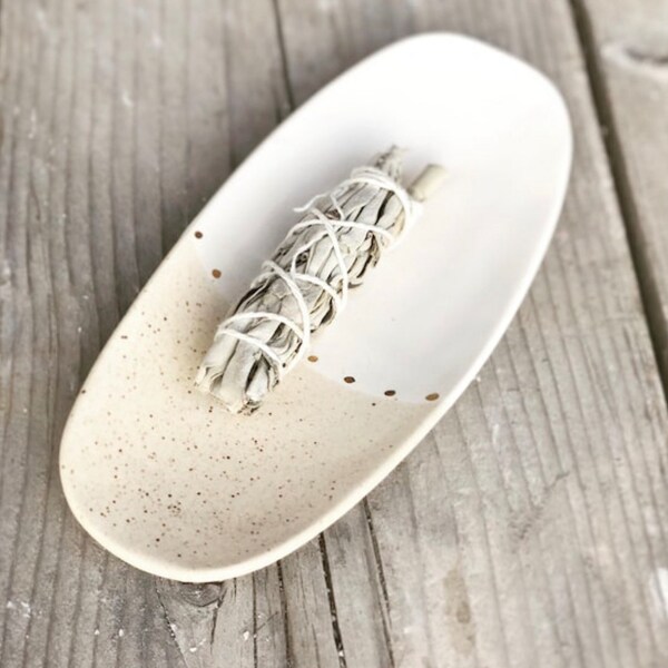 SALE FRee shipping Sage smudge gift  Oval handmade all speckled white and cream