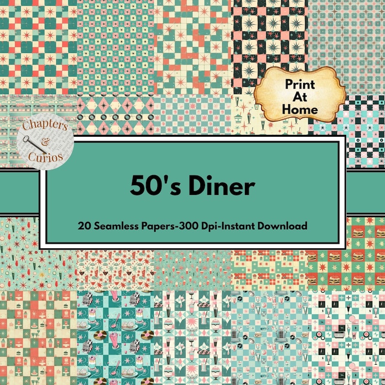 50's Diner Digital Paper Pack, Printable Scrapbook, Background Designs ...
