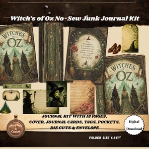 Könnte beinhalten: Ein Witches of Oz Junk-Journal-Set ohne Nähen mit 15 Seiten, Umschlägen, Journal-Karten, Anhängern, Taschen, Stanzteilen und einem Umschlag. Digitaler Download mit Hexenmotiven, roten Schuhen und Text. Gefaltete Größe beträgt 11,43x17,78 cm.