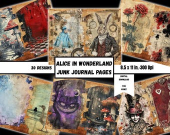 Może przedstawiać: Kolaż stron dziennika śmieciowego w stylu vintage z Alicji w Krainie Czarów. Strony zawierają ilustracje Szalonego Kapelusznika, Kota z Cheshire i Białego Królika. Tekst na obrazku brzmi "Alice in Wonderland Junk Journal Pages" i "8,5 x 11 cali - 300 dpi".