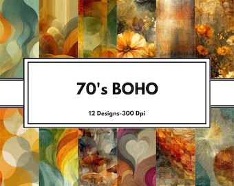 Retro Boho Printable Scrapbook Paper, 70s Style Digital Pages, 12x12 inches, Commercial Use