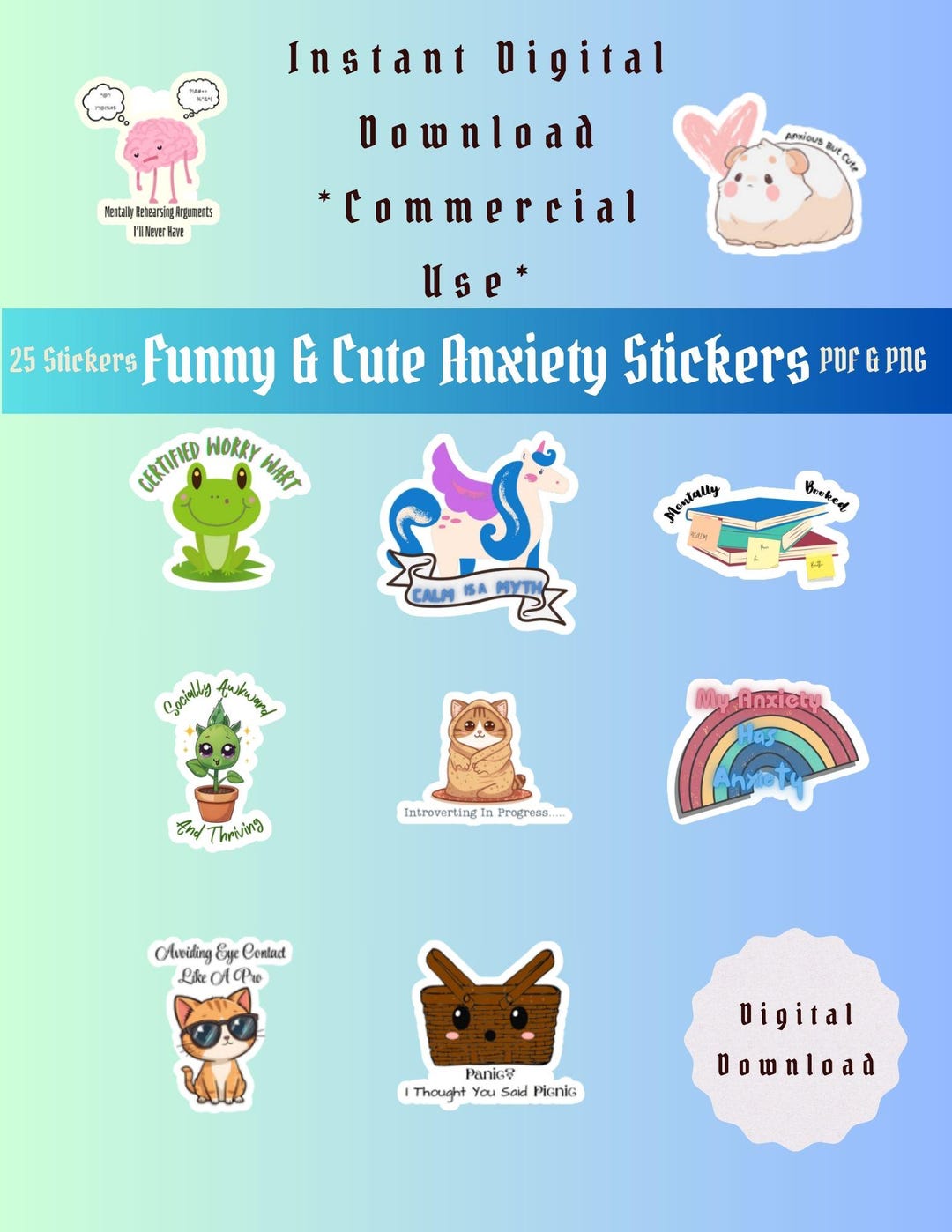 Funny Anxiety Stickers | Mental Health Planner, Kawaii Art (digital ...