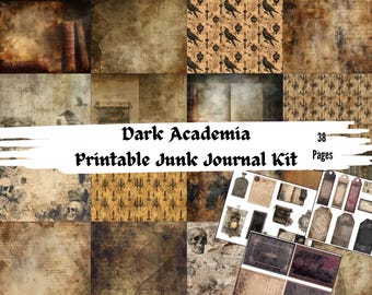 May include: A digital collage of vintage-style scrapbook paper and ephemera. The "Dark Academia Printable Junk Journal Kit" includes 38 pages of backgrounds, tags, and decorative elements in shades of brown, sepia, and black.
