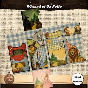 May include: A Wizard of Oz Folio digital download featuring a blue and white gingham pattern with illustrations of Dorothy, the Tin Man, the Scarecrow, the Cowardly Lion, and the Wicked Witch of the West along with the yellow brick road.