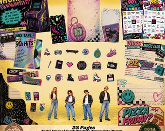 May include: A 90s Ephemera Kit featuring 22 pages of printable paper goods including arcade tournament flyers, music bingo cards, video rental cards, pizza mall cards, and various stickers like roller skates, cassettes, and virtual pets.