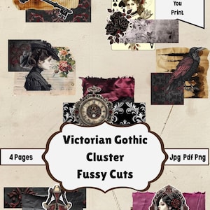 Könnte beinhalten: Digitaler Download von viktorianischen Gothic Cluster Fussy Cuts. Das Bild zeigt verschiedene Elemente im Vintage-Stil, darunter ein Schlüssel, eine Spielkarte, eine Taschenuhr, ein Rabe und ein Frauenporträt. Die Farbpalette umfasst Burgunder, Schwarz und Creme.