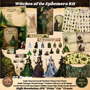May include: A Witches of Oz ephemera kit featuring vintage-style paper crafts, including postcards, bingo cards, journal cards, and botanical archives. The collection displays illustrations of witches, emerald cities, and magical items in green and gold tones.