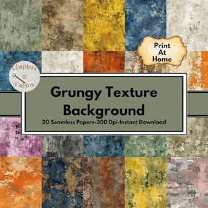 May include: A digital download featuring a collection of 20 seamless papers with grungy textures in various colors. The image includes text that reads "Grungy Texture Background" and "Print At Home."