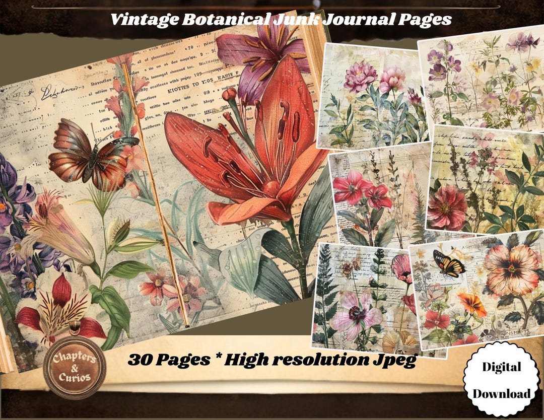 Vintage Botanical Paper, Vintage Pages, Junk Journal Kit, Printable ...