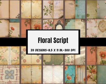 Floral Script Junk Journal Pages, digitaal plakboek, 20 afdrukbare afbeeldingen, commercieel gebruik