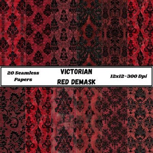 May include: A collection of 20 seamless Victorian red damask papers. The papers feature a repeating pattern of black floral designs on a red background. The text on the image reads "Victorian Red Damask" and "12x12-300 Dpi".