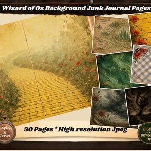 Könnte beinhalten: Eine Sammlung von 30 hochauflösenden digitalen Junk-Journal-Seiten zum Thema Zauberer von Oz. Die Bilder zeigen eine gelbe Backsteinstraße mit roten Mohnblumen, eine Karte der Smaragdstadt, grüne Marmorstrukturen, blaues Vichy-Karo und Gewitterwolken.