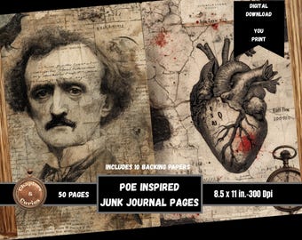 Edgar Allan Poe Junk Journal Pages, Victorian Gothic Printable Paper (Digital Download)