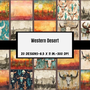 Op de afbeelding: Een verzameling van 20 Western-thema ontwerpen, elk 21,59 x 27,94 cm, met woestijnlandschappen, cactussen en dierenschedels. De ontwerpen gebruiken verschillende kleurenpaletten, waaronder zonsondergangtinten en turquoise.