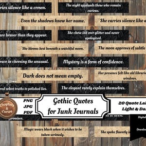 May include: A digital download featuring 20 Gothic quote labels for junk journals. The labels have a light and dark theme, with quotes like "She carries silence like a crown" and "Dark does not mean empty."