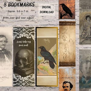 Può includere: Set di otto segnalibri scaricabili digitalmente con temi gotici e letterari. I disegni includono Edgar Allan Poe, corvi, teschi e citazioni. Ogni segnalibro misura circa 6,35 cm x 17,78 cm.