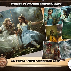 Könnte beinhalten: Eine Collage von Bildern aus Der Zauberer von Oz, darunter Dorothy und die Smaragdstadt. Der Text lautet "Wizard of Oz Junk Journal Pages" und "30 Pages * High resolution Jpeg". Digitaler Download.