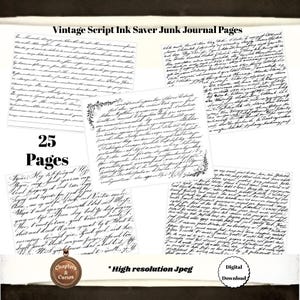 Puede incluir: Una colección de 25 páginas imprimibles para diario con escritura a mano vintage en negro sobre fondos blancos. El texto incluye Vintage Script Ink Saver Junk Journal Pages, 25 Pages, High resolution Jpeg y Digital Download.