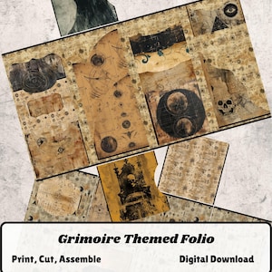 May include: A digital download of a Grimoire Themed Folio. The image features a collection of aged paper sheets with illustrations of celestial bodies, skulls, and other occult symbols. The text on the image reads "Print, Cut, Assemble" and "Digital Download."