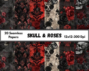 Skull & Roses Gothic Seamless Pattern, Dark Valentine Paper, 20 Designs (Digital Download)