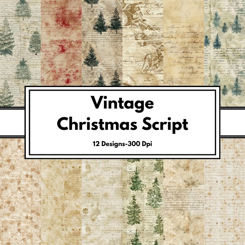 Vintage Christmas Script Scrapbook Paper: 12x12 & 8.5x8.5 (PDF Download ...