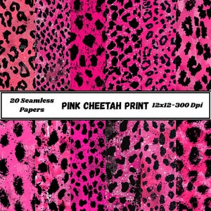 Puede incluir: Una colección de papeles sin costuras con estampado de guepardo rosa. Los papeles presentan un fondo rosa vibrante con manchas negras. El texto de la imagen dice "20 Seamless Papers PINK CHEETAH PRINT 12x12-300 Dpi".