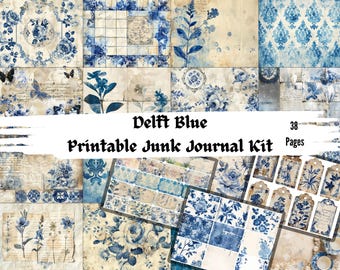 May include: A collection of 38 printable junk journal pages featuring Delft Blue patterns, including floral motifs, damask prints, butterflies, vintage script, and botanical illustrations in shades of blue and cream with the text Delft Blue Printable Junk Journal Kit 38 Pages.