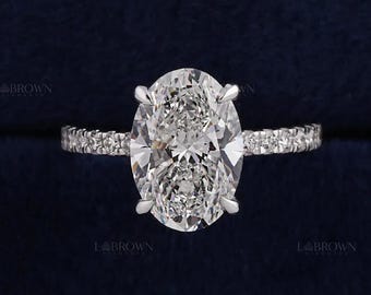 Oval Lab Grown Diamond Engagement Ring, Pave Band, Hidden Halo, IGI Certified