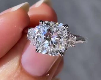 Cushion Cut Lab Diamond Engagement Ring With Trapezoid Side Stones Three Stone Bridal Jewelry