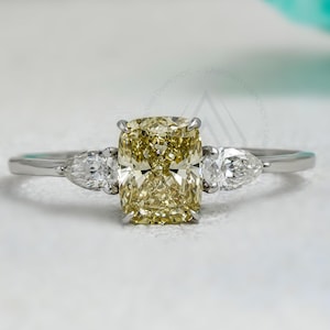 Three Stone Engagement Ring, Elongated Cushion Cut Diamond With Side Pear, Lab Grown Diamond Wedding Ring, IGI Certified, Ring Gift for Her