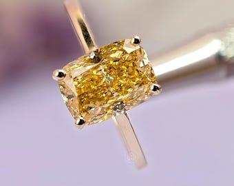 4 Ct Fancy Yellow Lab Grown Diamond Engagement Ring, Long Cushion Cut, IGI Certified