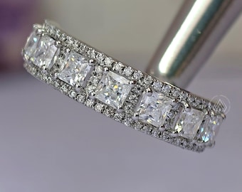 Princess Cut Diamond Halo Wedding Band White Gold Lab Grown Eternity Bridal Ring