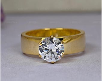 2.00 Ct Round Lab Diamond Engagement Ring, Wide Yellow Gold Band, IGI Certified