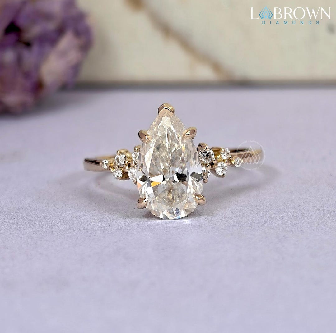 Pear Cut Lab Grown Diamond Ring | Yellow Gold Engagement Ring | Vintage ...