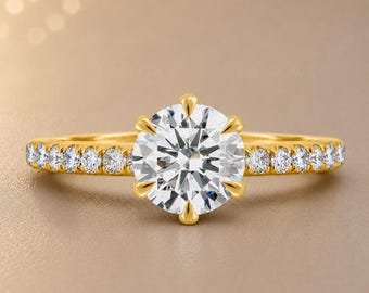 Round Cut Lab Grown Diamond Pave Band Engagement Ring, Solitaire Wedding Proposal Jewelry