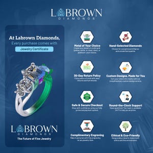 May include: An advertisement for Labrown Diamonds features a diamond ring with a large, multi-faceted center stone. The text highlights jewelry certificates, metal choices, hand-selected diamonds, and custom design services.