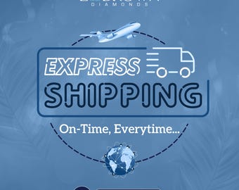 Puede incluir: Un gráfico azul con el texto "EXPRESS SHIPPING" y un avión y camión de reparto estilizados. El texto "On-Time, Everytime..." está debajo. El logotipo de "LABROWN DIAMONDS" está en la parte superior.