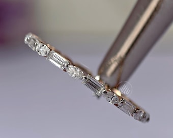 Baguette & Marquise Lab Grown Diamond Full Eternity Band 14k Solid Gold Ring Enhancer