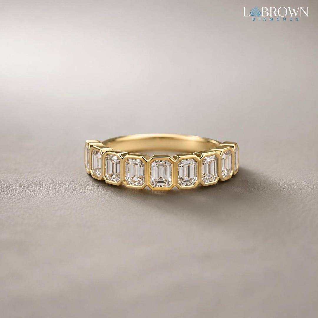 Emerald Cut Lab Grown Diamond Wedding Band Bezel Set Yellow Gold ...