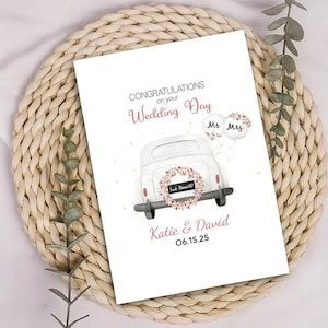 Tarjeta de boda personalizada para coche de recién casados - Tarjeta de felicitación personalizada para novios - Tarjeta de boda para pareja o amigos - Recién casados