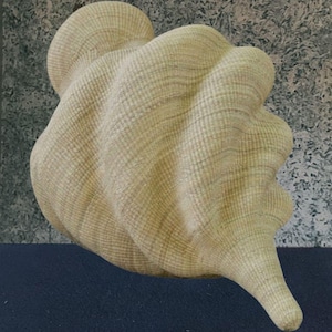 May include: A beige woven sculpture with a rounded top and a spiraling, textured body. The sculpture has a pointed base and is displayed against a mottled grey and blue background. The woven material gives the piece a natural, organic feel.
