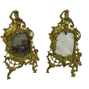 19th C.  Pair Antique Art Nouveau Gilt Bronze Picture Frames Cherub Easel Frames