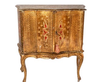 1950s Antique Italian Rococo Florentine Gilt Serpentine Commode With Key