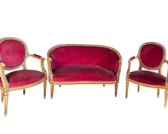 19th Century French Louis XVI Gilded Walnut Living Room Petite  Sofa 3-Piece