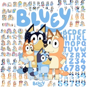 May include: A collection of Bluey character stickers featuring the blue and red heeler family in various poses, including the large Bluey logo, the alphabet, and numbers. The stickers display the animated dogs in blue, orange, and white colours.