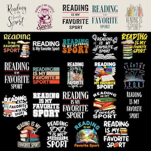 May include: A selection of graphic designs with the phrase "Reading is my Favourite Sport." The designs incorporate books, sports equipment, and playful illustrations. The colour scheme includes red, white, and black.