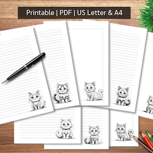 Little Kitty Stationery, Note Paper, Letter Writing, Printable, Note Pages, Black and White, Download PDF